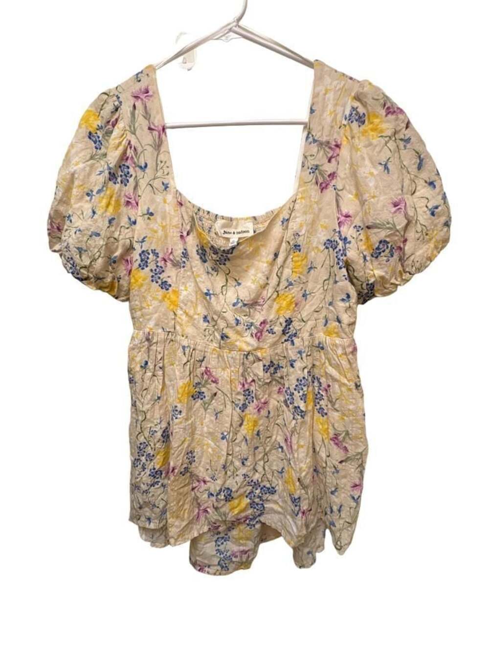 June & Hudson Floral Puff Sleeve Square Neck Smocked Top Size XL